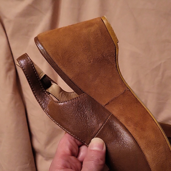 Sasha London rose brown iridescent leather & suede peep-toe wedges, size 8 - Picture 6 of 8